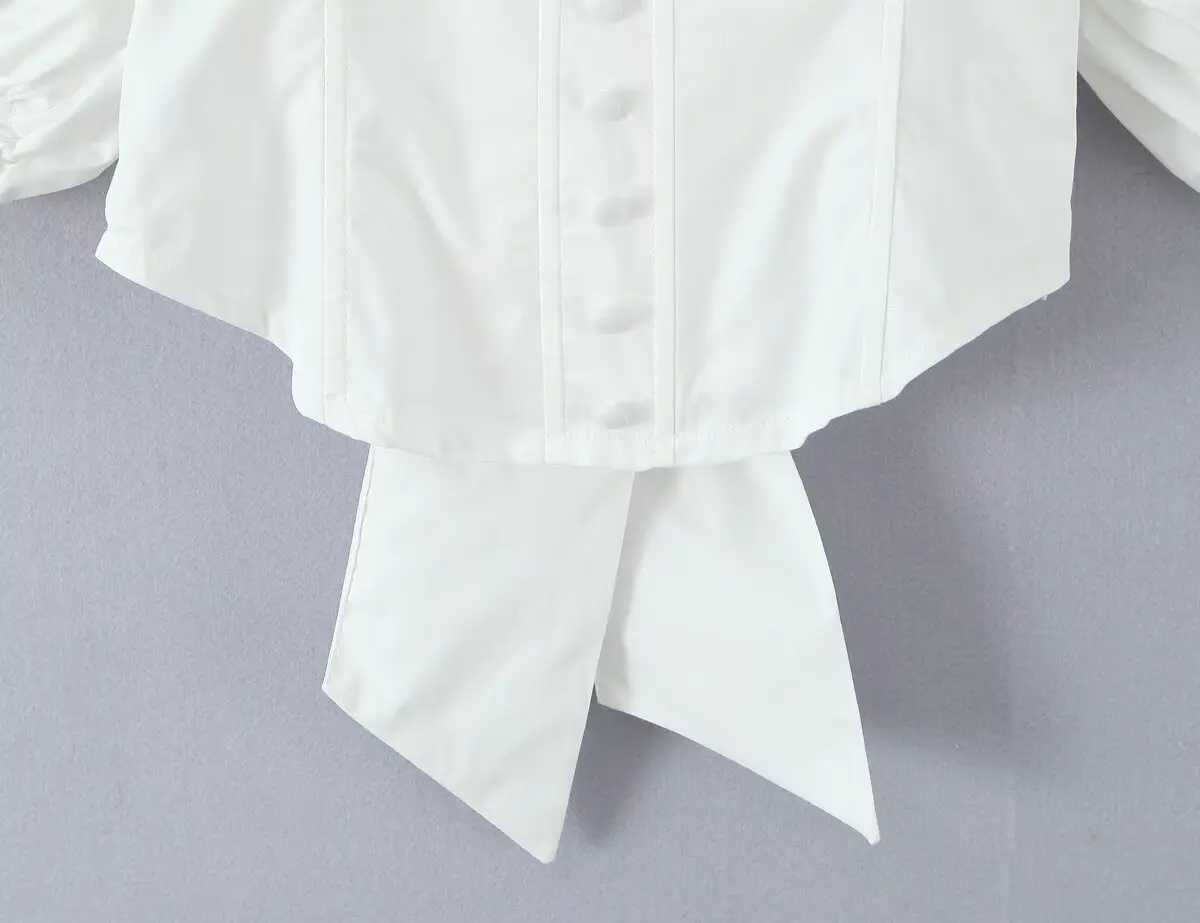 Dave&Di French Fashion Ladies Lazy Country Style White Cotton Waist Shirt Minimalist Retro Bow Tie Blouse Top For Women