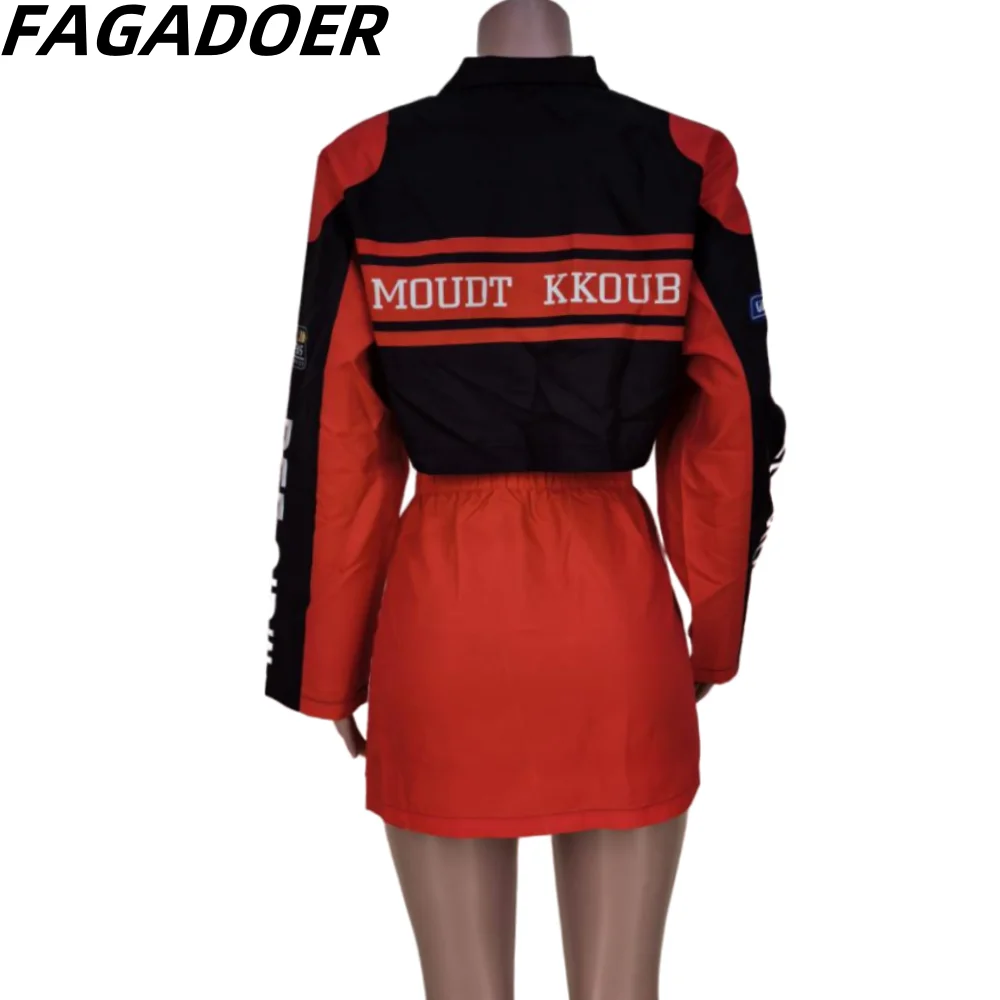 FAGADOER-Conjunto de dos piezas de chaqueta de béisbol para mujer, Top corto de manga larga con estampado de letras y minifaldas, ropa de calle,