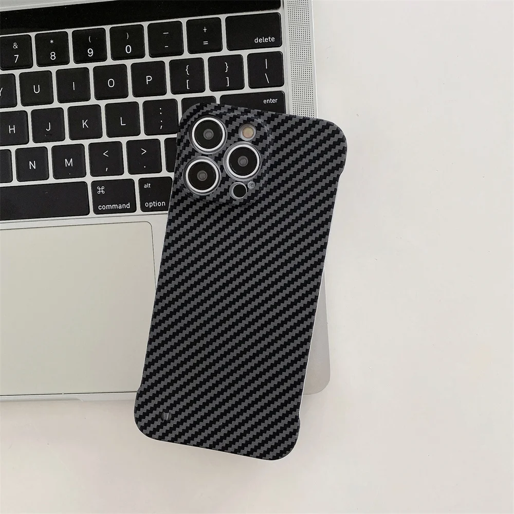 Ultra-Thin Carbon Fiber Texture Borderless Case For iPhone 15 Pro Max 13 12 11 Pro Mini XS XR 7 8 SE 14 Plus Frameless Slim Case