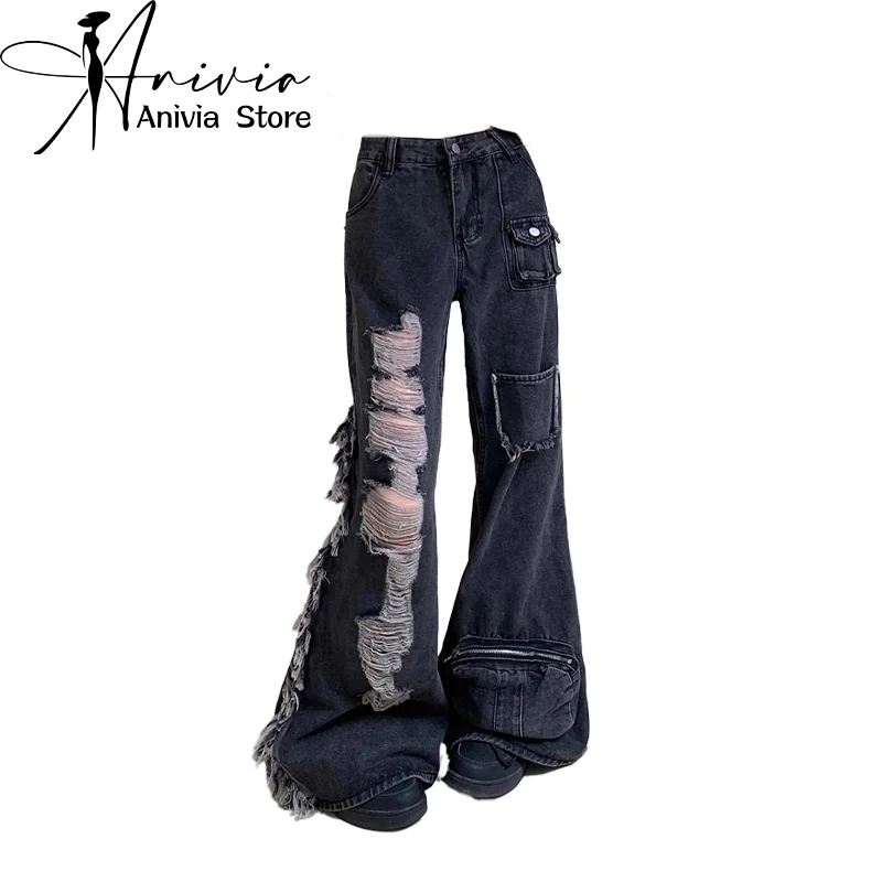 

Women Black Goth Ripped Cargo Jeans Baggy Harajuku Denim Trousers Y2k Japanese 2000s Style Emo Jean Pants Vintage Trashy Clothes