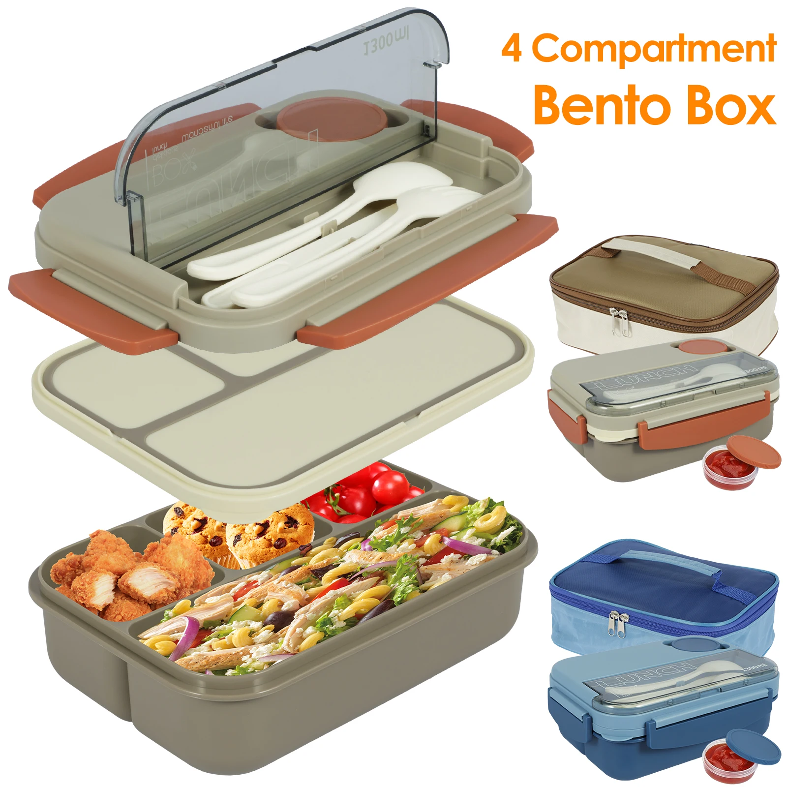 

Lunch Box with 4 Compartment Sauce Cup 1300ml Leakproof Bento Lunch Box Microwave Safe Bento Box Container Dishwasher Safe