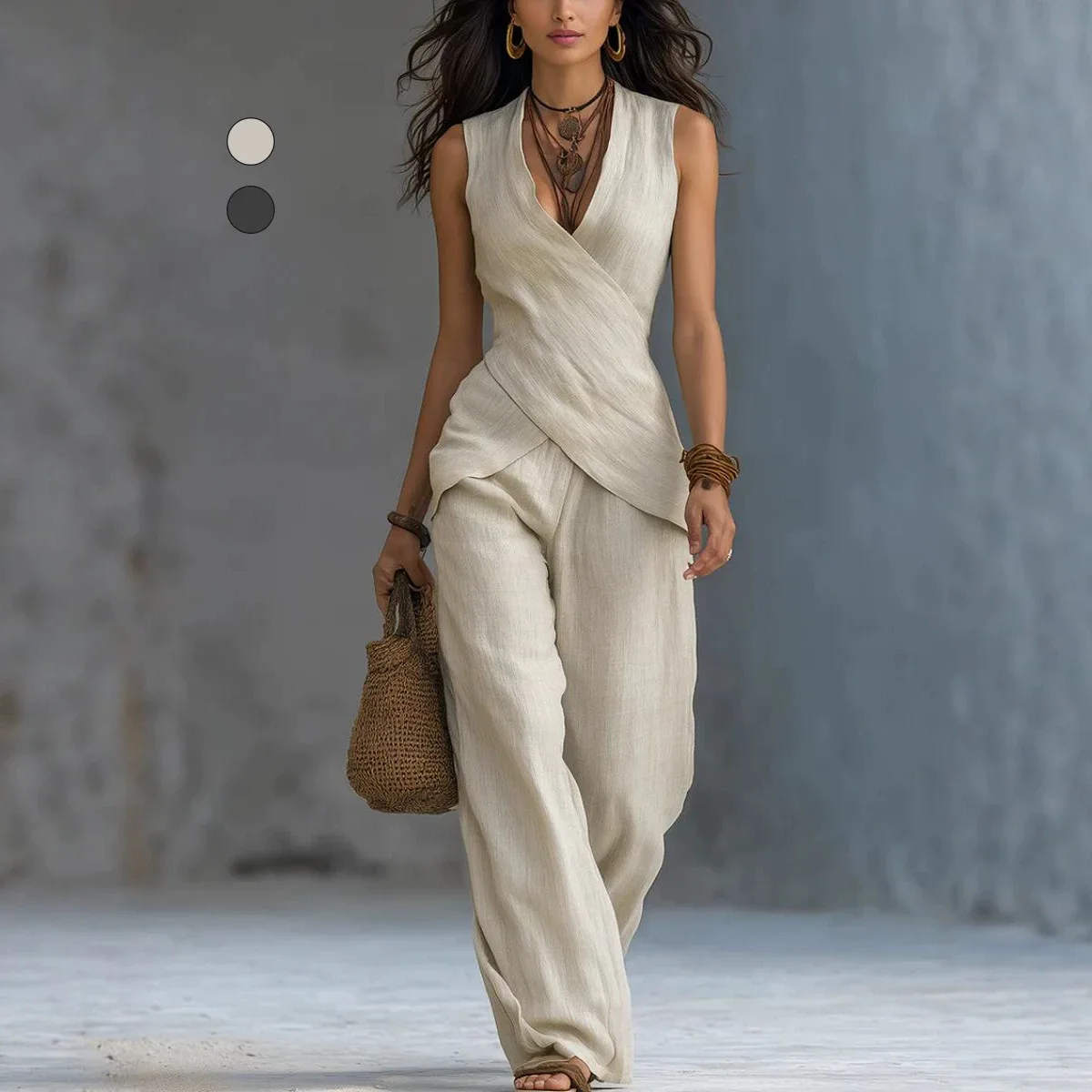 New Casual Sexy V-Neck Waist-Cinched Top with Wide-Leg Pants Two-Piece Set Women's Fashion Comfortable Breathable  Color