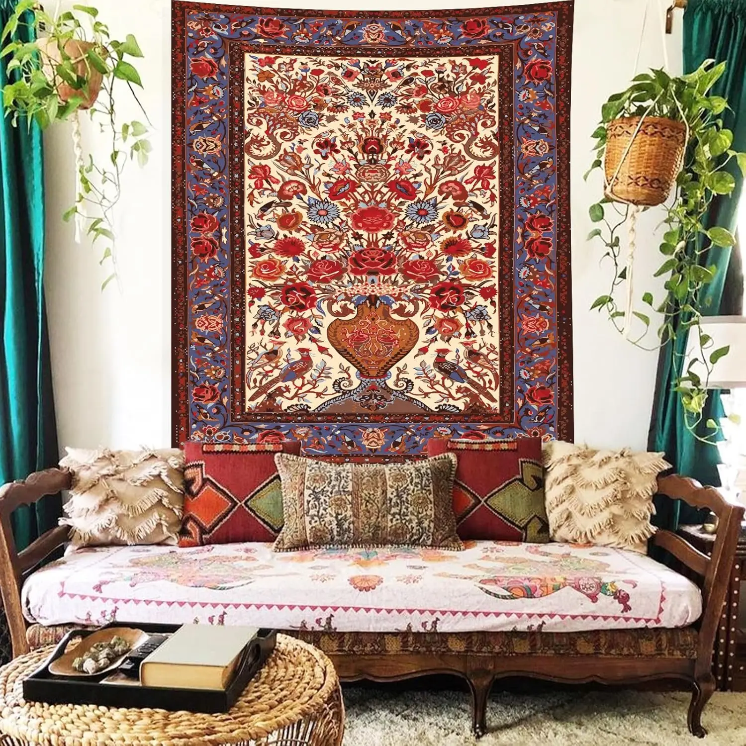 Vintage Boho Floral Tapestry Wall Hanging,Large Persian Flower Wall Art Tapestries Bedroom Aesthetic, Bohemian Indian Decorative