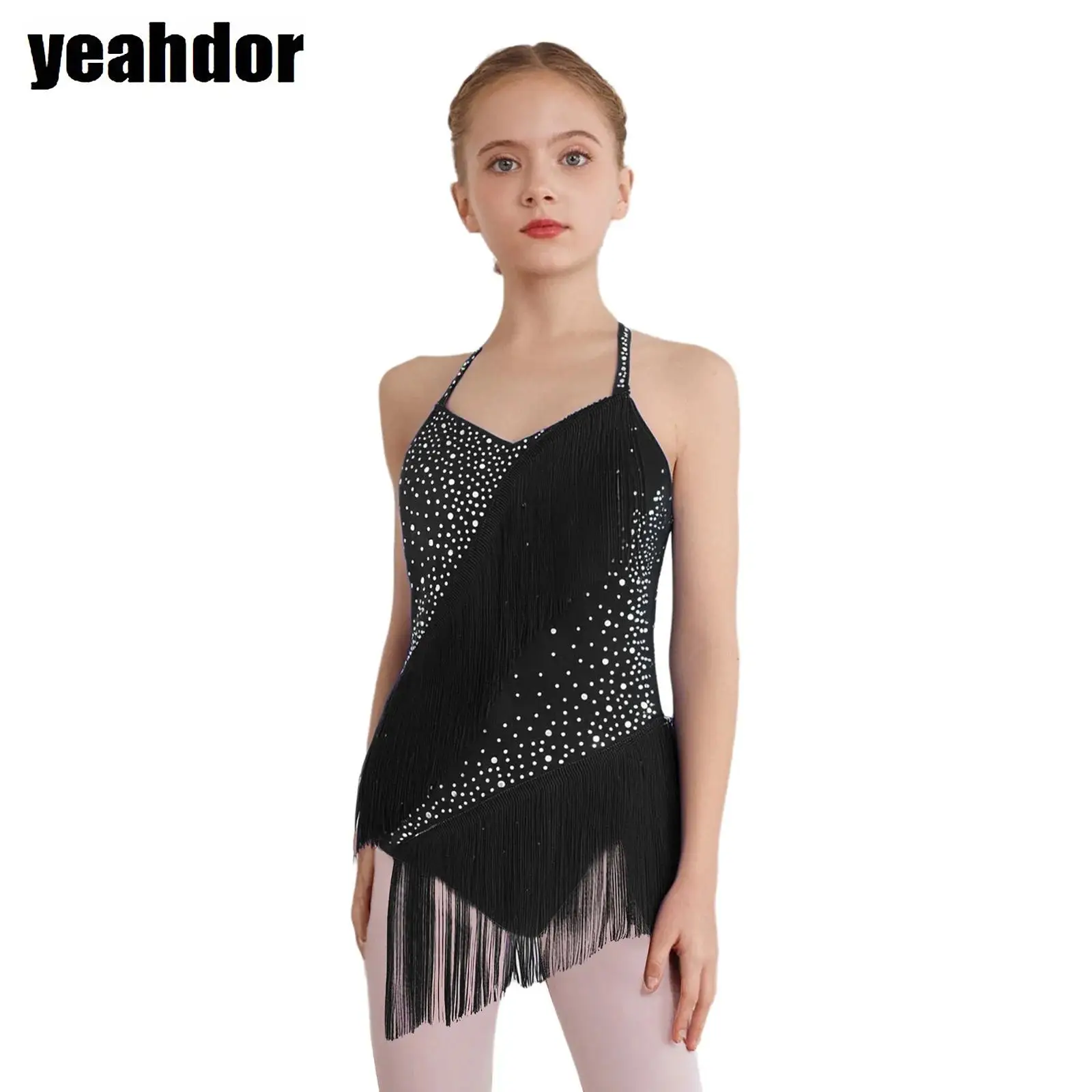 

Girls Latin Dance Leotard Tango Cha-Cha Salsa Rumba Skating Performance Sleeveless Halter Backless Rhinestones Fringed Bodysuit