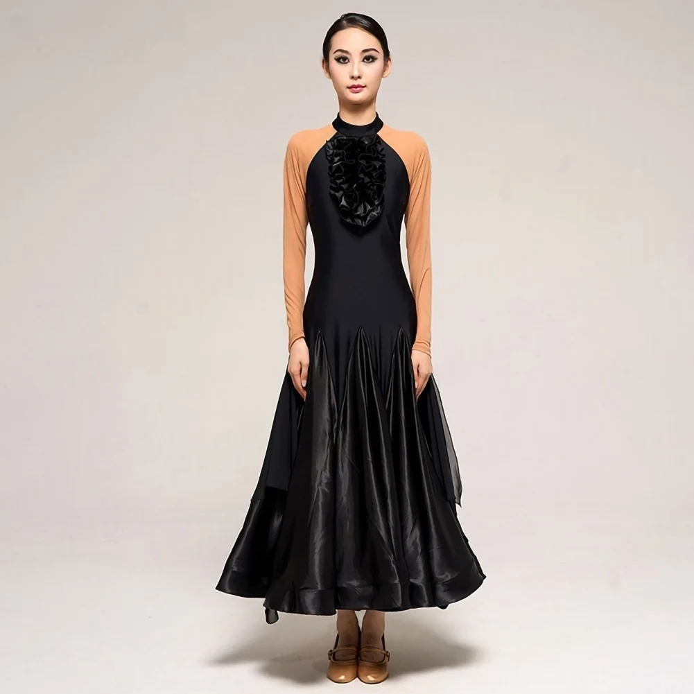 Practice Dance Dress high quality Flamenco Skirt Custom Ballroom Dancing Dress Competition Ribbon Collar Decal Long Sleeve