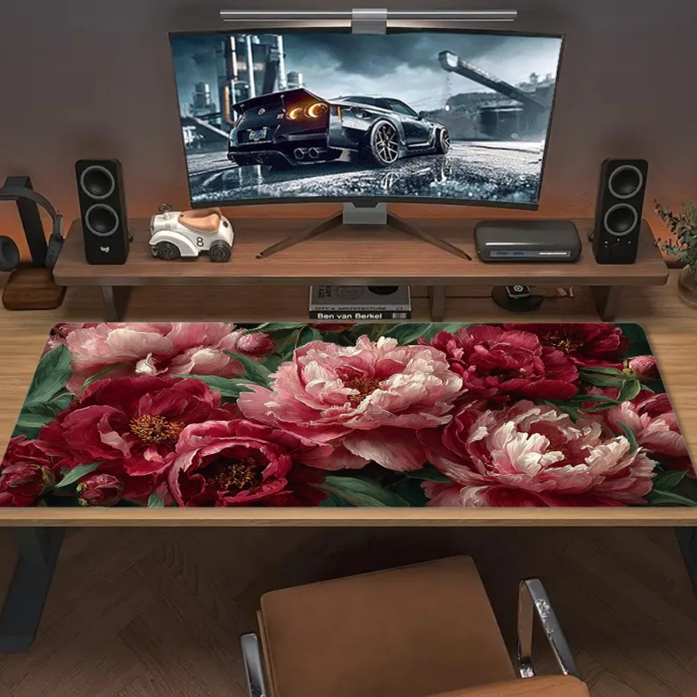 Rich Pink And Red Peony Flower Cluster Diagram Digital Cartoon Print Notebook Office Computer Desktop Keyboard Pad Mouse Pad