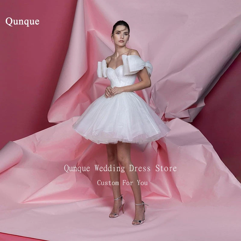 

Qunque Tulle Pleat Wedding Dresses Elegant A-Line Bow Straps Off Shoulder Sweetheart Bridal Gowns Short Party Dresses Customized