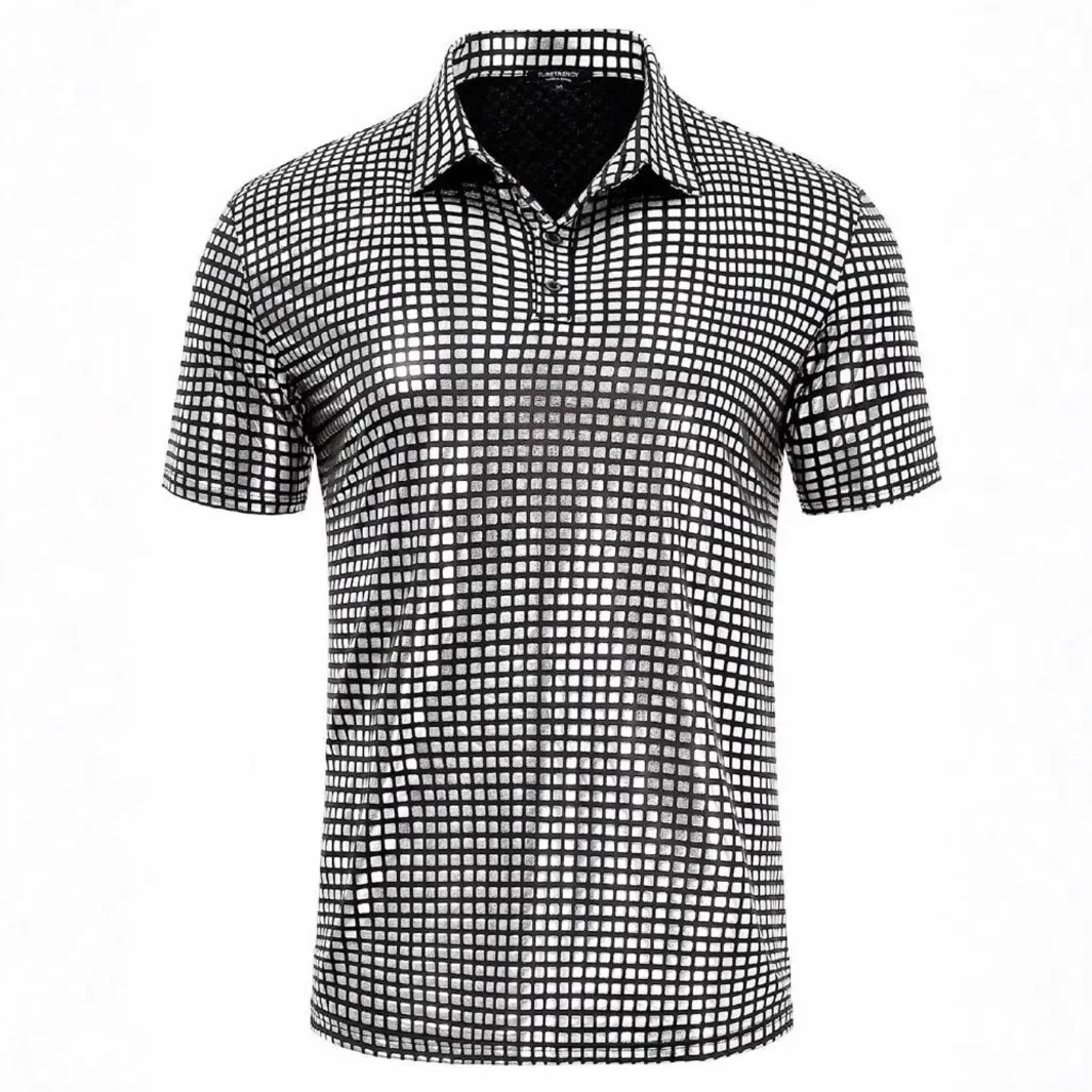 Men's Newest Polo Tshirt Summe Casual Short Sleeve V-neck T-shirt  Party Nightclub Style Gold Plated Shiny Flip Collar