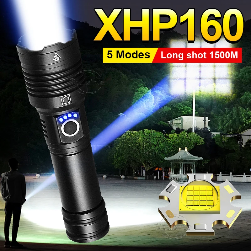 2024 High Power LED Flashlight 16 cores XHP160 Super Bright USB Rechargeable Torch 18650、26650 Zoom Lanterns Camping Hand Lamps