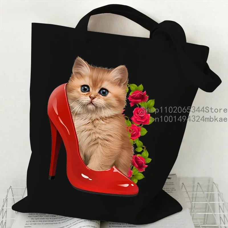 Funny Cow Cat Handbag Women Cartoon Aesthetics Kitten Design Shopping Bags Teen Cat Lover Reusable Tote Bag Female Shoulder Bag