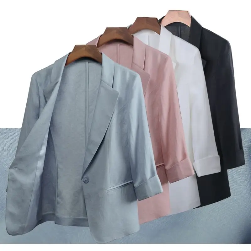 

Women Blazers Coat Thin Blue Cotton Linen Mini Suit Jacket for Women, Summer Seven Quarter Sleeve Suit Casual Top