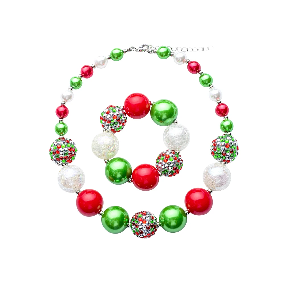

2pcs Christmas Bead Necklace Bracelet Set Chunky Handmade Jewelry For Toddler Kids Teen Adult Girls Green