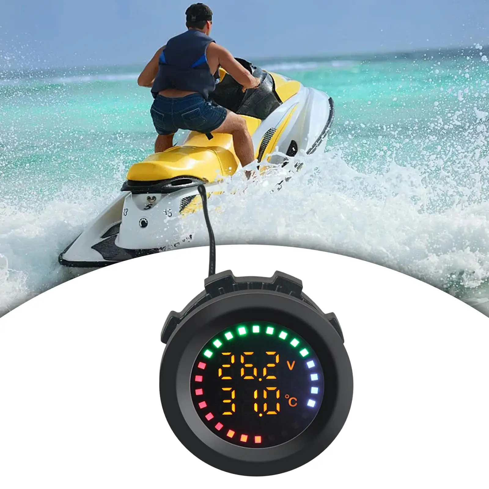 Car Digital Temperature Voltage Monitor 12V 24V Round Panel Colorful