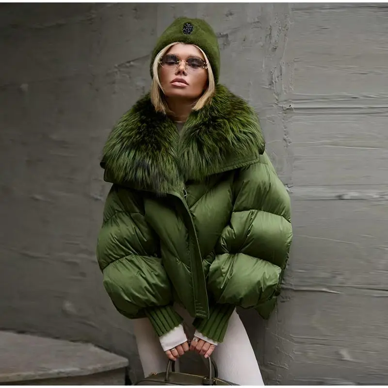 Warm Fur Collar Cotton Coats Women's Green Lapel Zipper Full Sleeve Padded Jacket Overcoat 2026 Winter New Lady Loose Streetwear