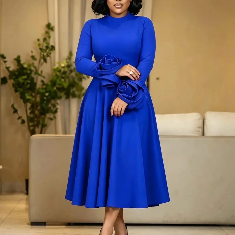 Elegant Dashiki African Party Evening Dresses for Women Autumn Fashion African Long Sleeve O-neck Polyester Midi Dresses Outfits