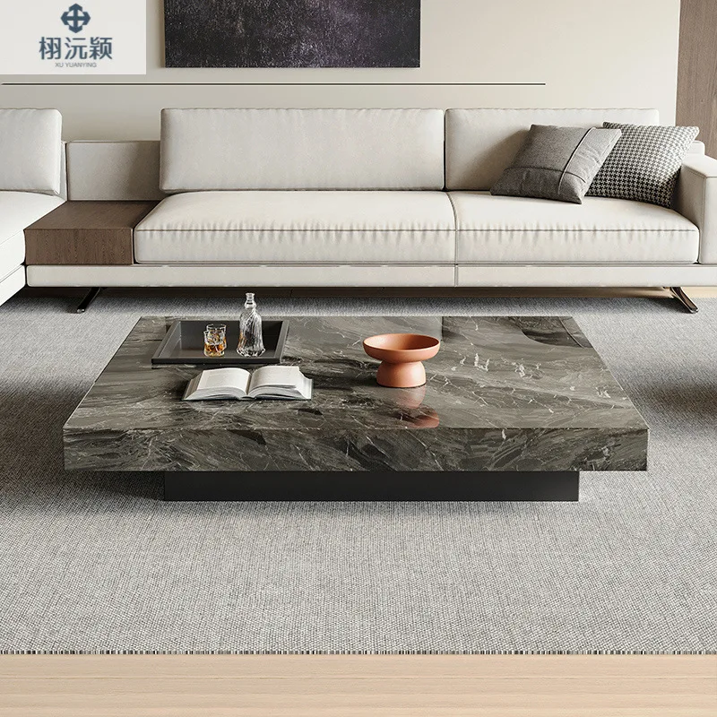 طاولة قهوة إيطالية بسيطة وخفيفة وفاخرة وحديثة وبسيطة من ألواح الصخور وغرفة المعيشة بحجم المنزل وتصميم شقة مربعة #5