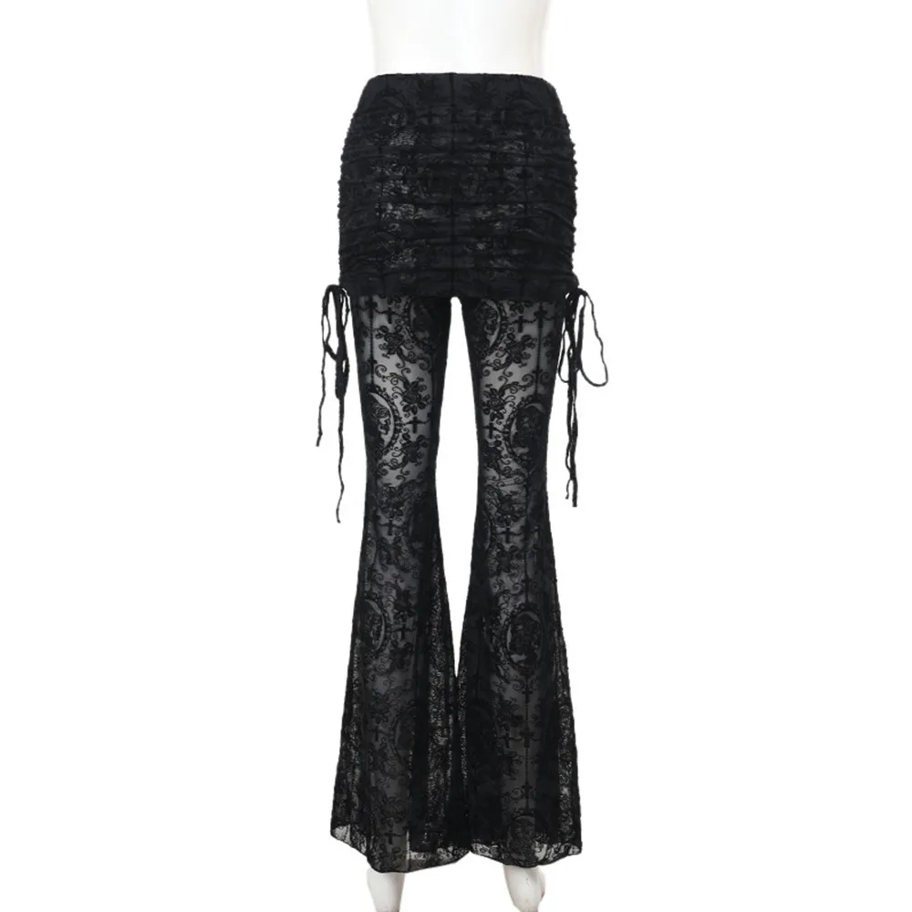Pantalon évasé en dentelle transparente taille haute pour femme Y2K Punk noir pantalon à jambes larges coupe ajustée pantalon Long laçage latéral gothique Streetwear