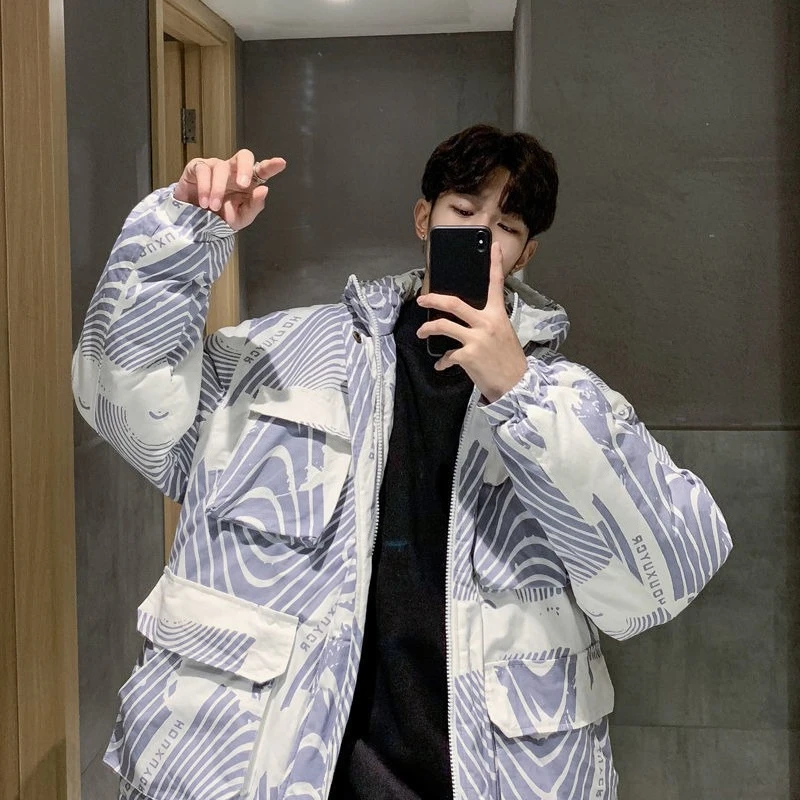 معطف شتوي من القطن فضفاض للزوجين مبطن بالقطن مع طباعة بورسلين أزرق وأبيض ملابس خارجية عصرية للرجال والنساء #1