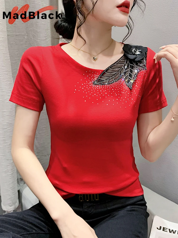 MadBlack Summer T-Shirt European Clothes Sexy Off Shoulder Beaded Flower Glitter Hot Drill Women Slim Tops Short Sleeve T34612C