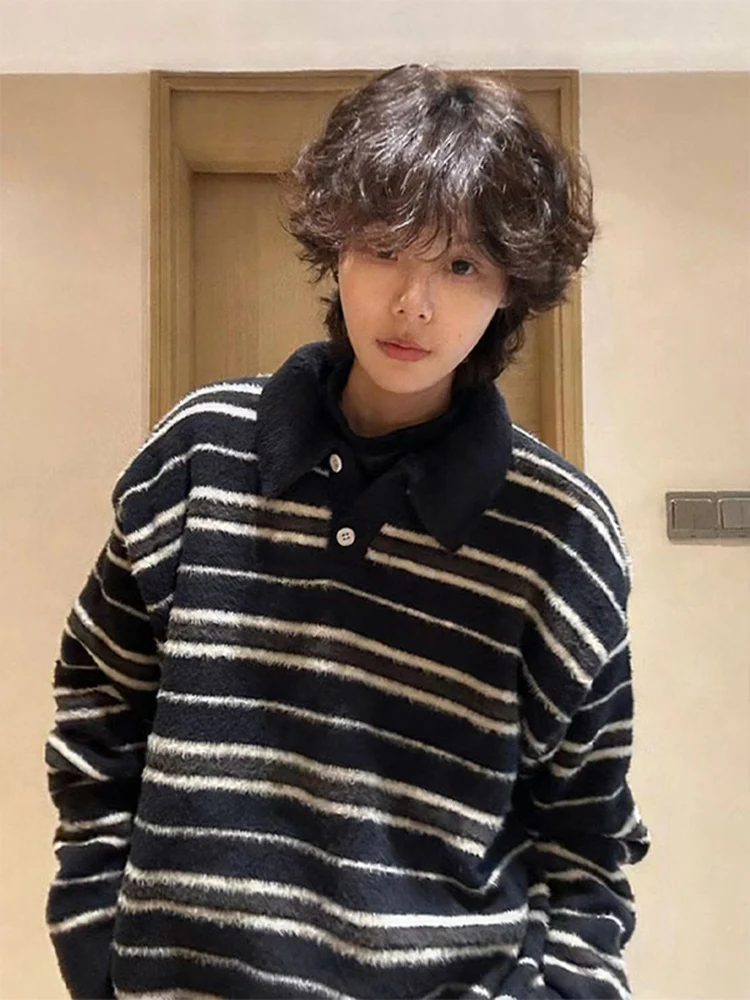 

Мужской вязаный свитер в американском стиле с полосками, осенне-зимний, свободный, винтажный, высококачественный, для пар, как нижний слой одежды