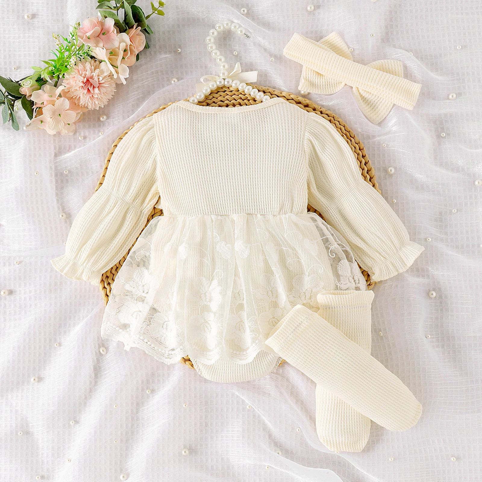 2PCS Autumn 0-1 Year Old Girl Baby Sweet And Cute Long-Sleeved Clothes Mesh Skirt + Hair Band + Socks