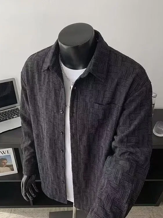 Black Plaid Texture Long Sleeve Loose Casual Collar Men's Shirt Spring Autumn Youth Outerwear Fashion Comfortable Polyester