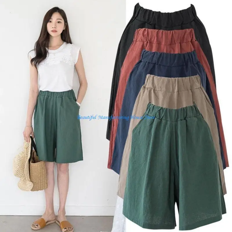 E56A Women Bermuda Shorts Loose Elastic Waist Knee Length Shorts for Daily