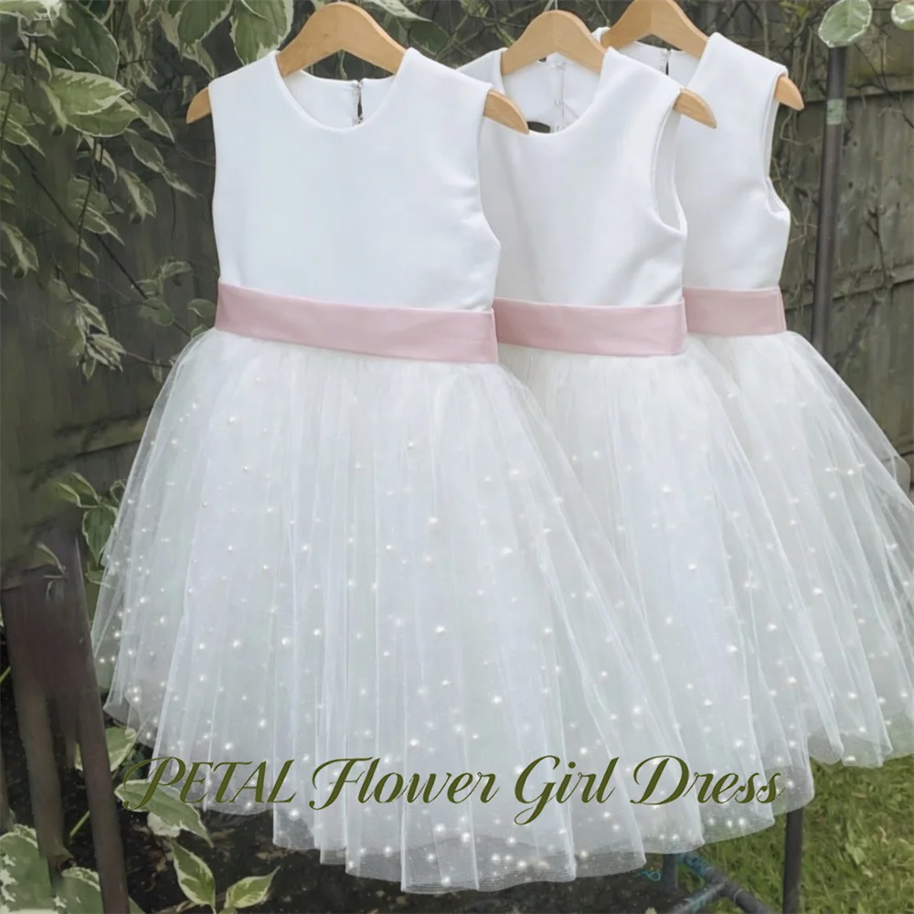Petal A Line Flower Girl Dress with Pearls Round Neck Baby Kids Birthday Dress White Pageant Dress for Girl Customized