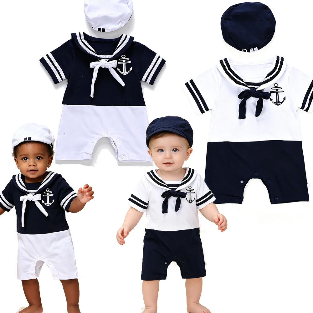 Baby Navy Romper 2Pcs Set With Hat Short Sleeve Anchor Print Sailor Bodysuit for Newborn Summer Kids Clothes