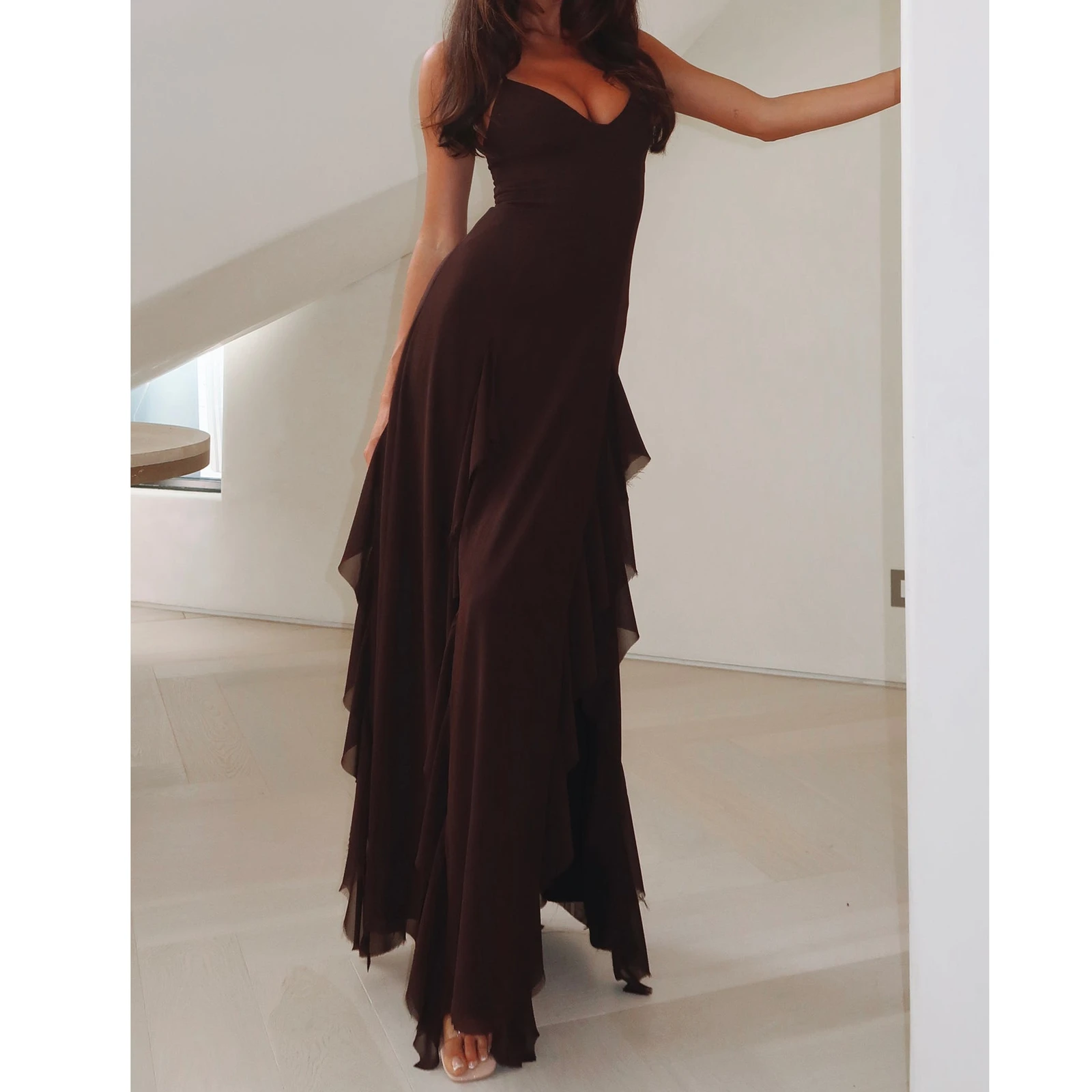 Abiti Para Mujer Abito lungo da donna Tinta unita con volant Spacco alto con cinturino per spaghetti Abito estivo Moda senza maniche Casual