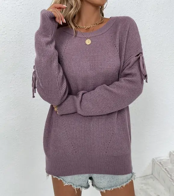 Women Fall Round Neck Sweater Knitted Soft Pullovers Tie Up Long Sleeve Basic Solid Sweaters for Women 2023 Autumn Winter