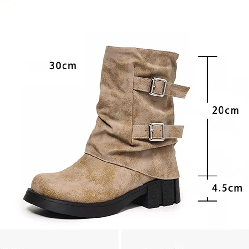 ORCHA LISA Hot Cowgirl Western Boots Round Toe 4.5cm Thick Bottom Slip On Buckles Plus Size 40 41 42 43 Leisure Mid Calf Winter