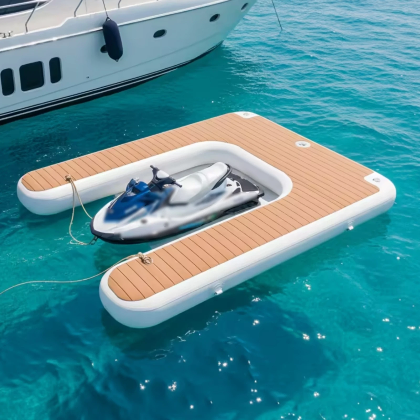 U-Shaped Dock Platform Wood-Grain Inflatable Dock Platform Inflatable Island Buoyant Platform Rounded Corners Water Mat Raft