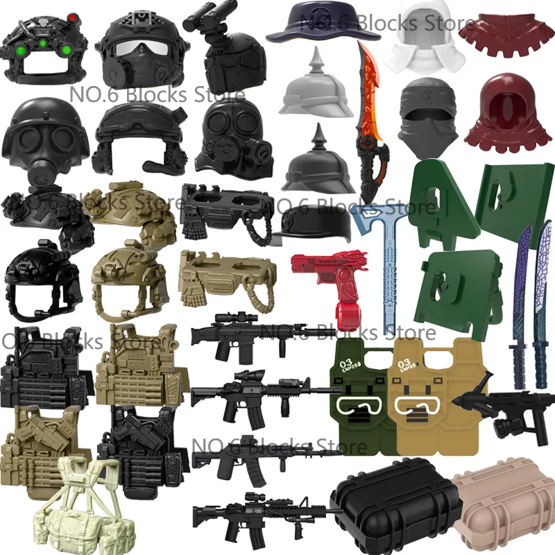Military Figure Accessory Building Blocks 3D Printed Tactical Helmet MK18 Gun Rocket Launcher Shield Equipment Box Toy Gift S12