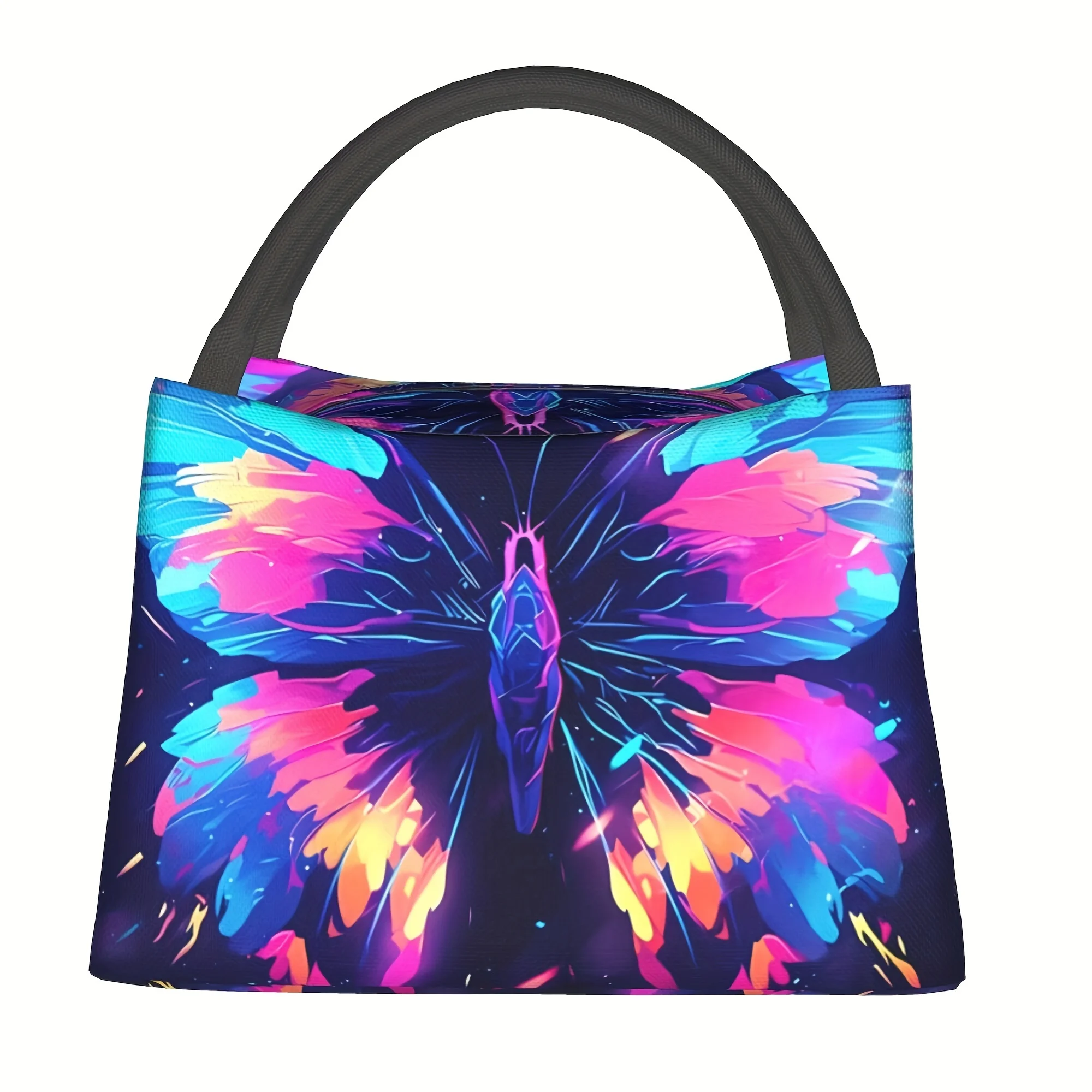 Neon Butterfly Print Insulated Lunch Bag Polyester Durable Thermal Cooler Tote Bag