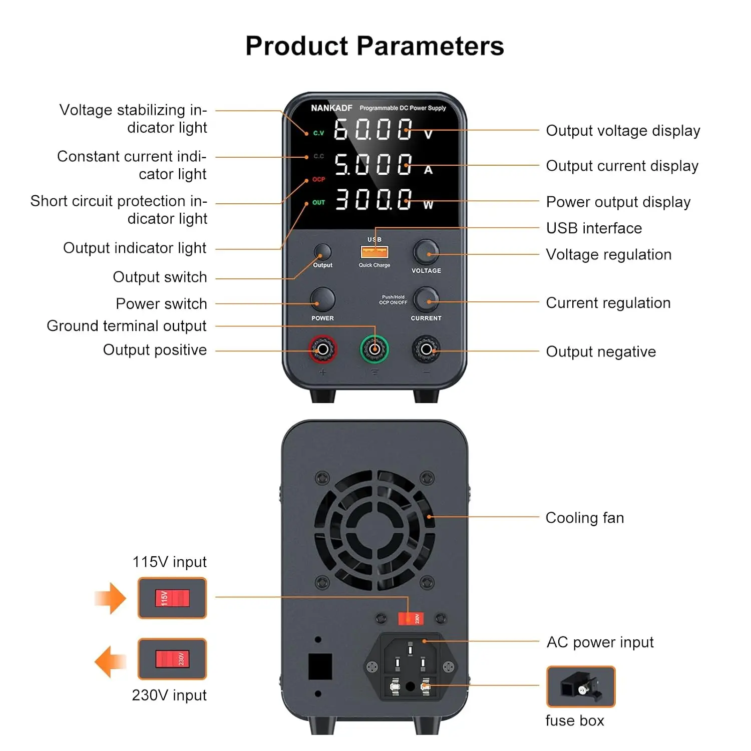 Adjustable DC Power Supply 30V 10A with 4-Digit LED Display, 5V/3.6A USB Fast Charge with Encoder Adjustment, One Touch Outputs