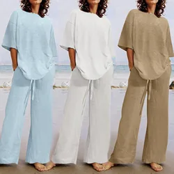 Summer Casual Half Sleeve Wide Leg Pant Suits Women Vintage Solid Color Loose Oversized Home Daily Cotton Linen Two Pieces Sets