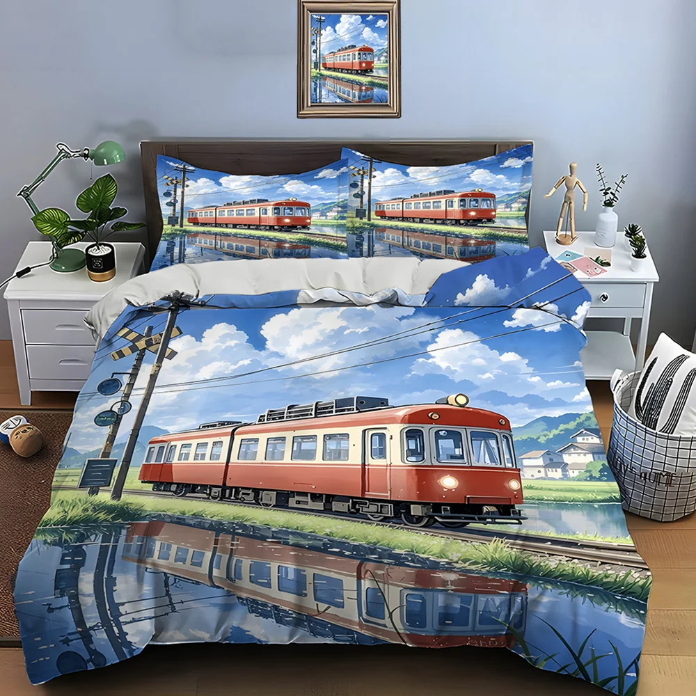 Red train in rural scenery Print Bedding Set 1 Duvet Cover 2 Pillowcases for Adult and Children Luxury Gift Full Size