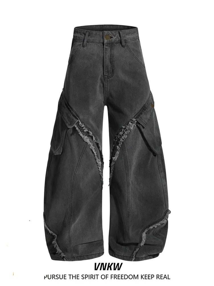 

Retro American Washed Distressed Workwear Jeans Casual High Quality Tear Splicing Knife Leisure Long Pants Men Women