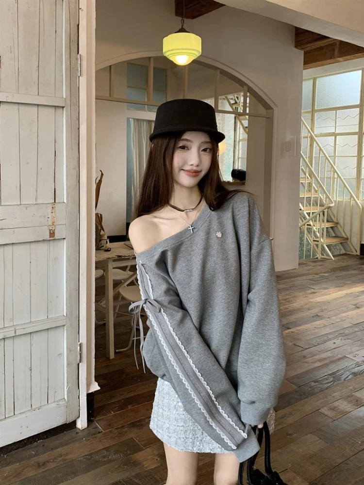 

Y2k Эстетическая кружевная толстовка с буквенным принтом, женская уличная толстовка с косым воротником на шнуровке, Harajuku, винтажные топы в полоску с длинными рукавами