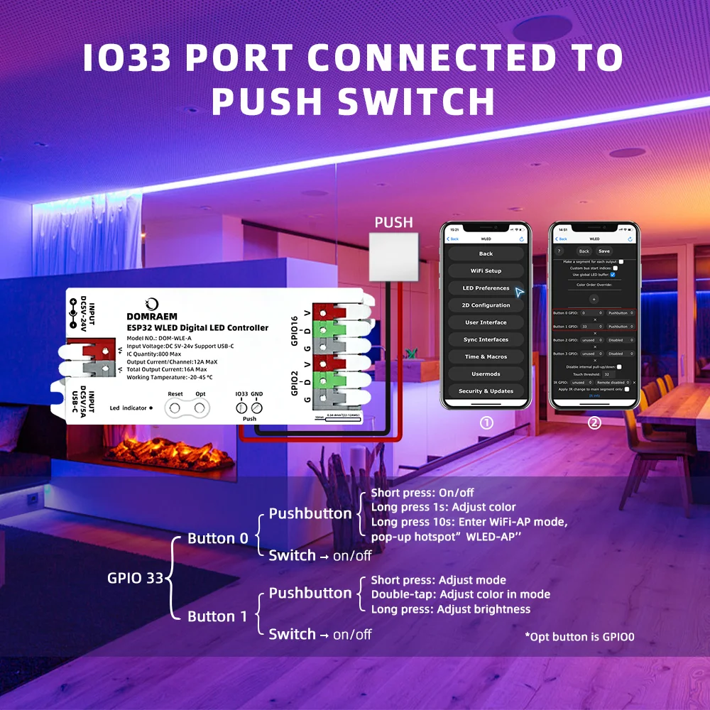 DOMRAEM ESP32 WLED USB-C Addressable LED Controller ~0.5W Standby for WS2811/14/05 DIY Projects, MQTT Alexa Smart Home Control