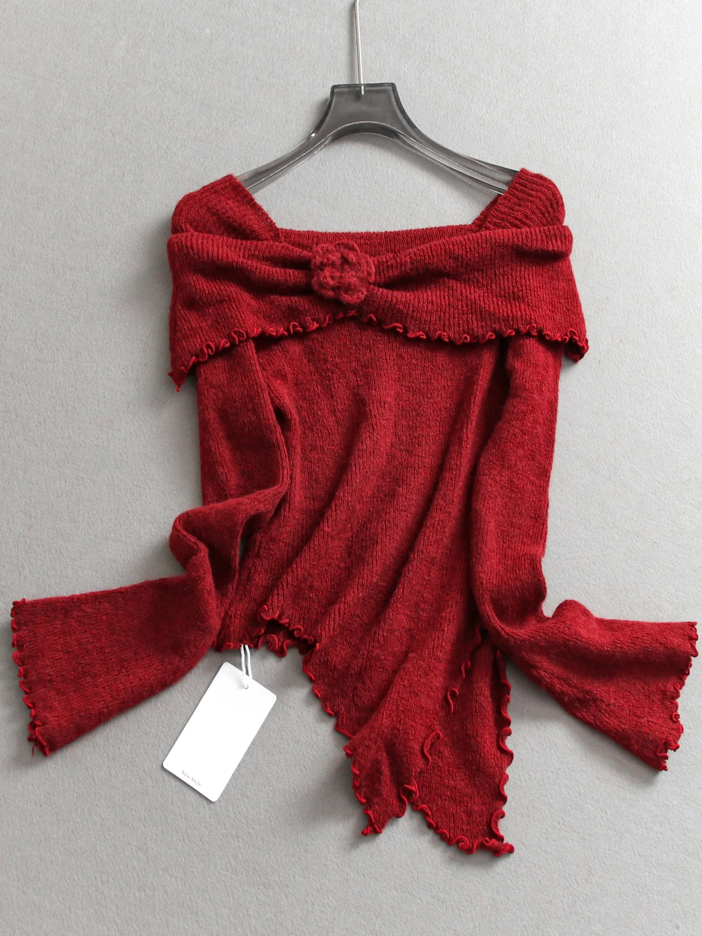 

Slim Fit Long Sve Sweater One oulder Hook Embellied Elastic Hem 3D Knitted Women's Faion Sweet Sle Autumn Winter