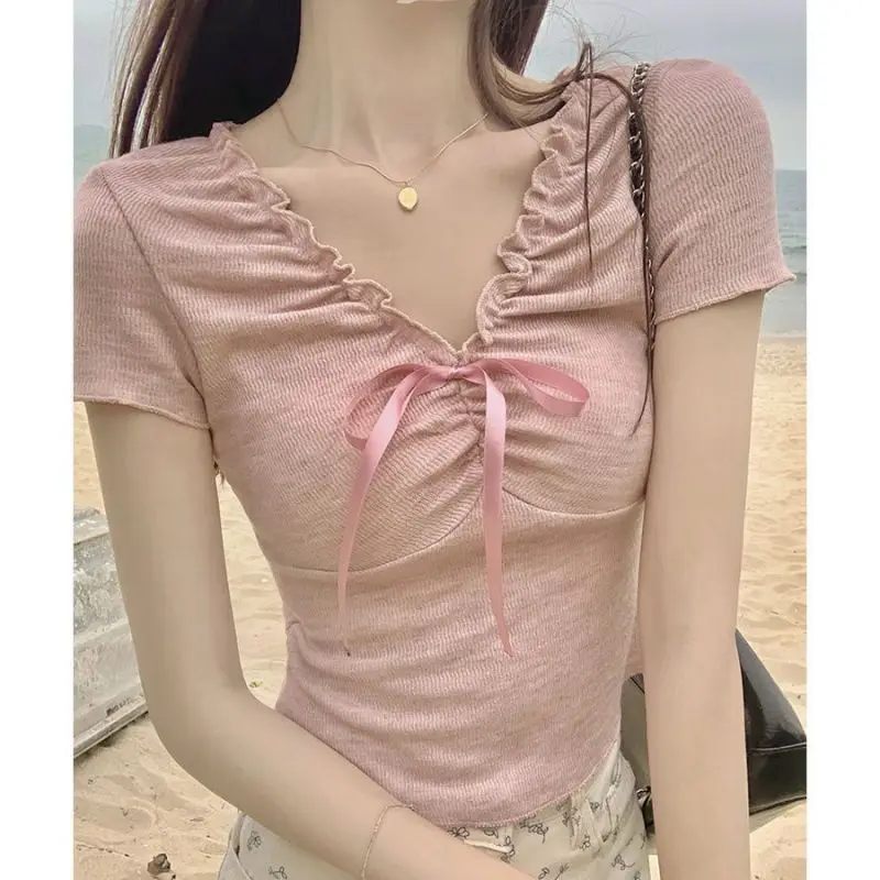 Women Summer Simplicity Slim Sweet Lacing Solid Color V-neck Short Sleeve T-Shirt Women Clothes Casual All-match Trend Top Tee