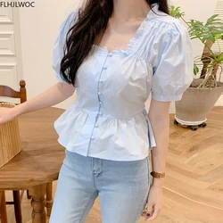 Short Chic Tops Summer Puff Sleeve Slim Waist Peplum Lace-Up Bow Tie Ruffled Shirt Blouse Women Top Korean Japan Flhjlwoc Cute