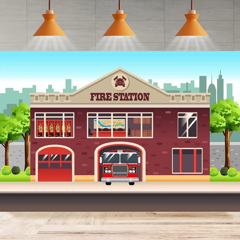 Cartoon City Fire Station Photography Backdrop Party Firefighter Firetruck Fireman Birthday Background Wall Home Decor Banner