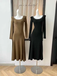 Women's A-line Evening Dress 90s Vintage Long Sleeve O-Neck Knitted Long Dresses Y2k Elegant One Piece Frocks 2000s Clothes 2024