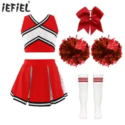 Costume de pom-pom girl pour enfants, uniforme de danse, tenue de pom-pom girl, haut court à paillettes, jupe avec chaussettes, ensemble de vêtements de danse pour filles d'école