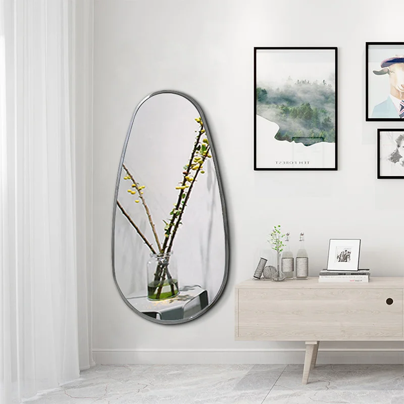 Wall mounted full body dressing mirror with irregular floor mounted mirror, goose egg shaped fitting mirror