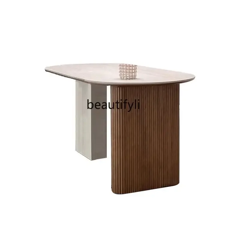 French retro solid wood dining table travertine rock slab designer creative oval dining table