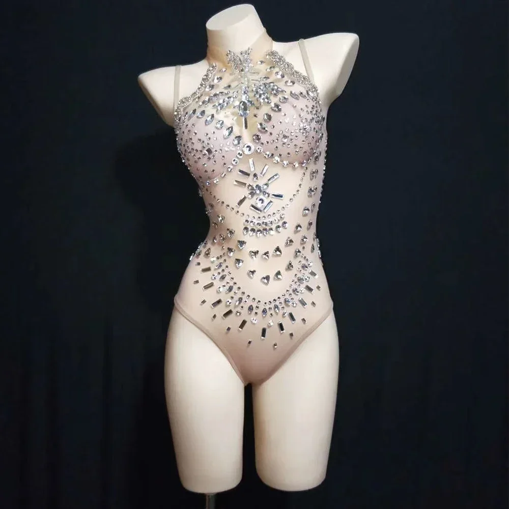 Body z odkrytymi plecami, na ramiączkach spaghetti, w kolorze nude, z efektem prześwitu, zdobione błyszczącymi kryształkami i cyrkoniami, seksowne, dla kobiet, odzież klubowa, kostium DJ-a, strój do tańca na rurze.